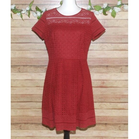 Francesca's Burgundy Rust Sheath Dress Size L Lined Embroidered Lace Fit & Flare - Picture 1 of 14